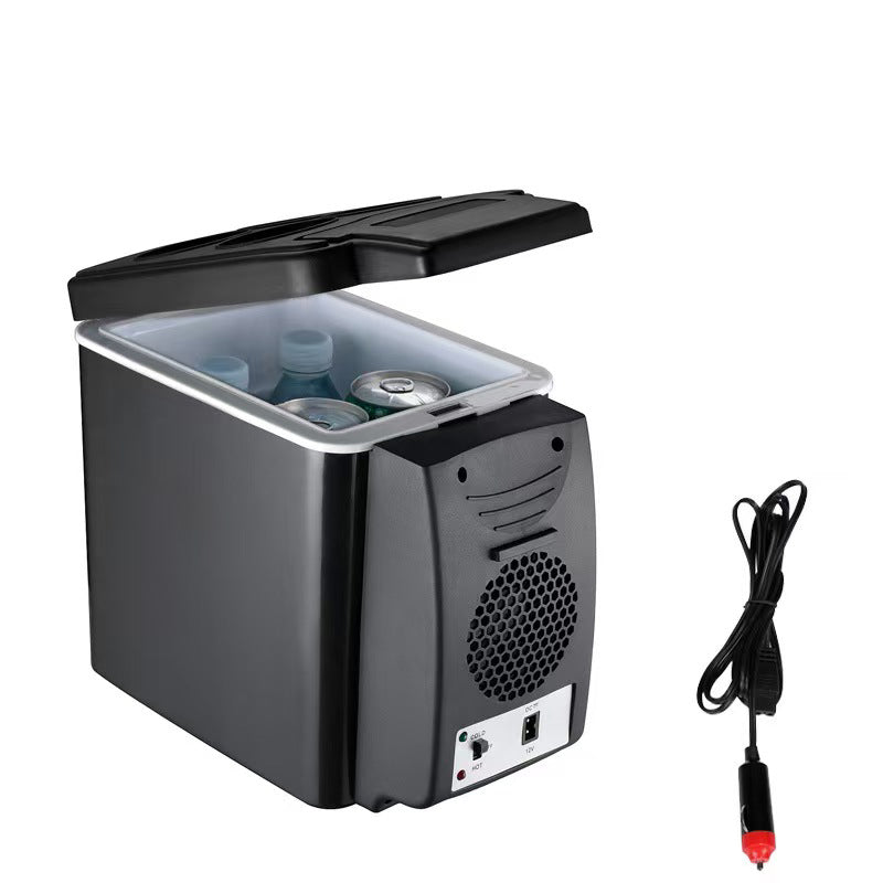 Portable car cooler open with drinks inside and the 12V cord attached