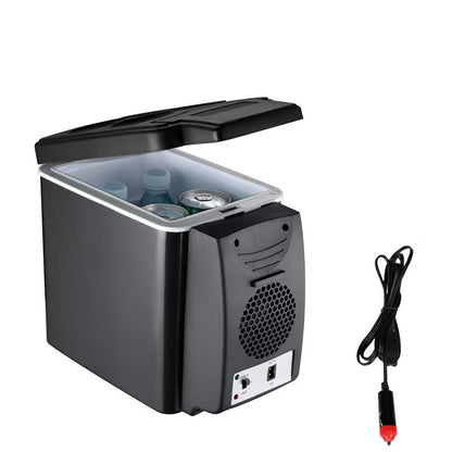 Portable car cooler open with drinks inside and the 12V cord attached
