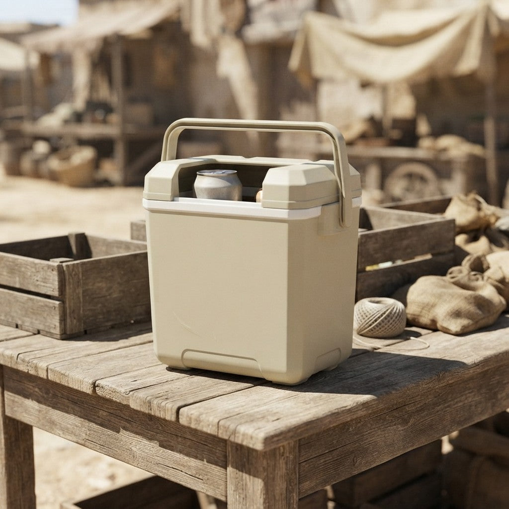 Lightweight cooler on a wooden market table with drinks on the lid