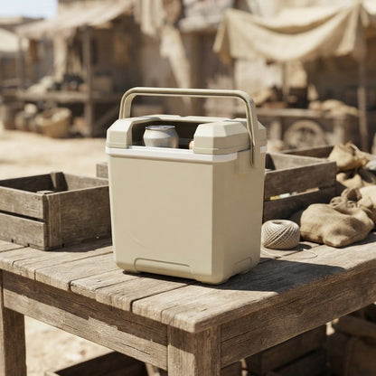 Lightweight cooler on a wooden market table with drinks on the lid