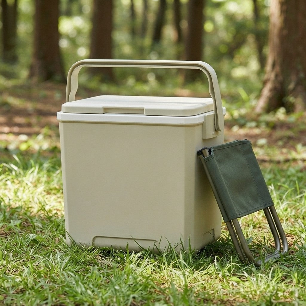 Camping ice chest standing on grass beside a folded chair