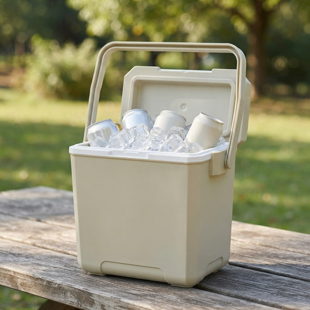 Insulated cooler box open on a picnic table with ice and drinks inside