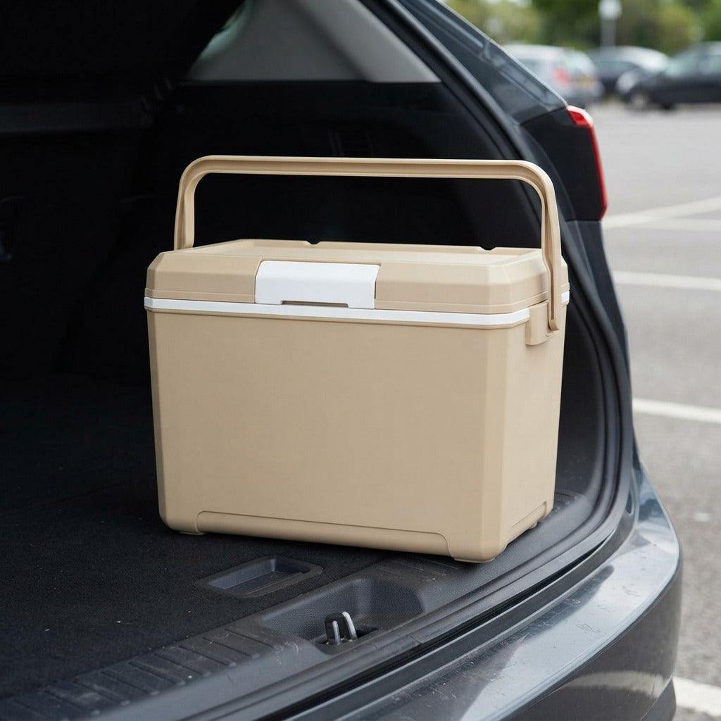 Foam ice chest loaded on the boot sill of a car