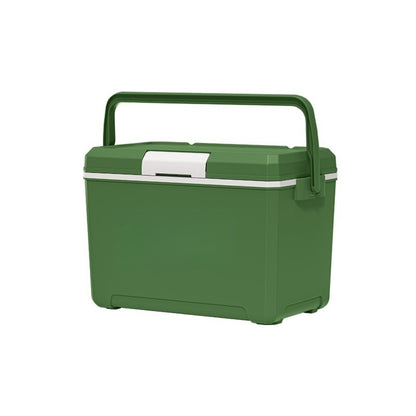 Foam cooler box in army green with the swing handle raised