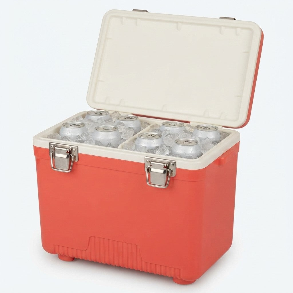 Small hard cooler open and packed with cans on ice