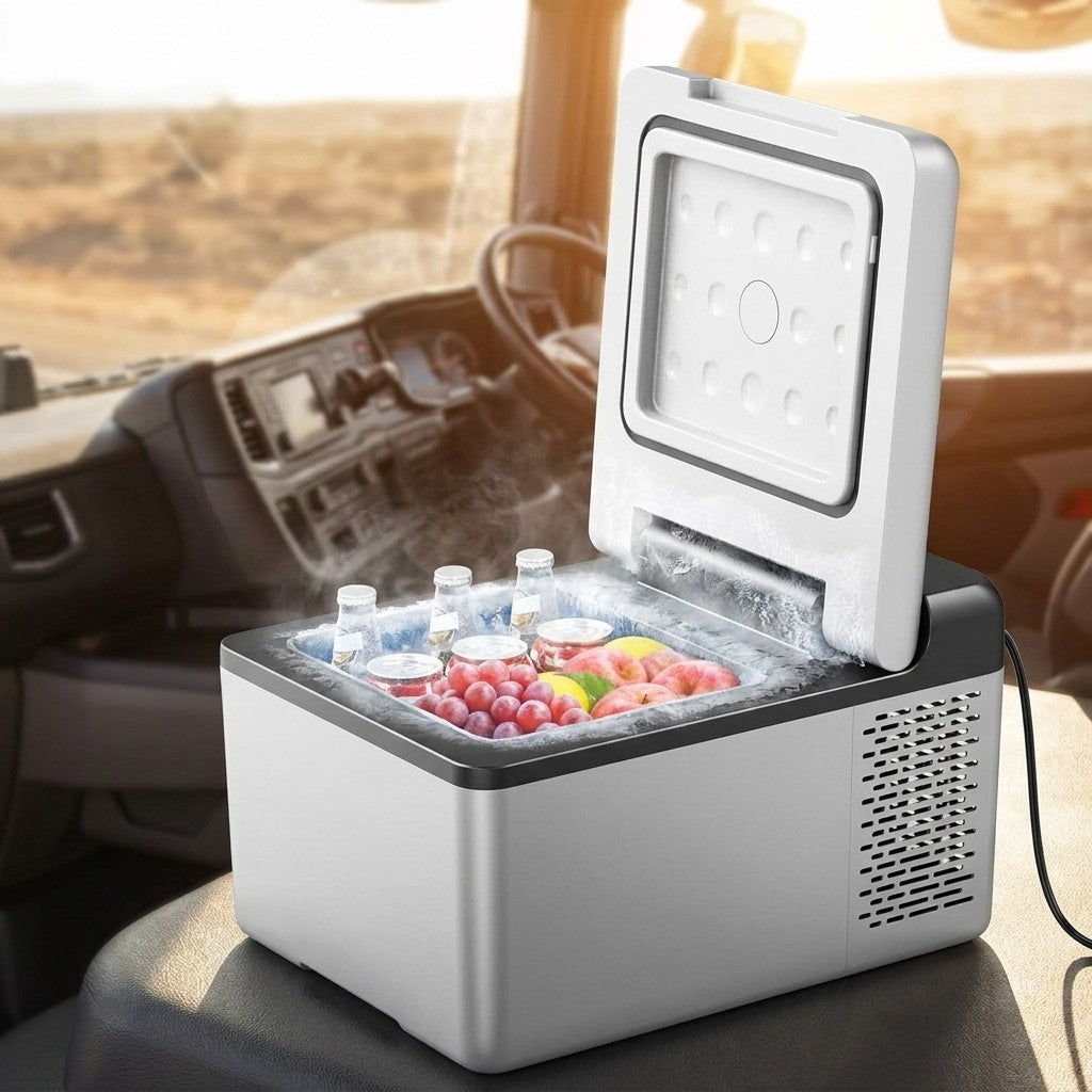 Compressor car fridge open in a truck cab with drinks inside