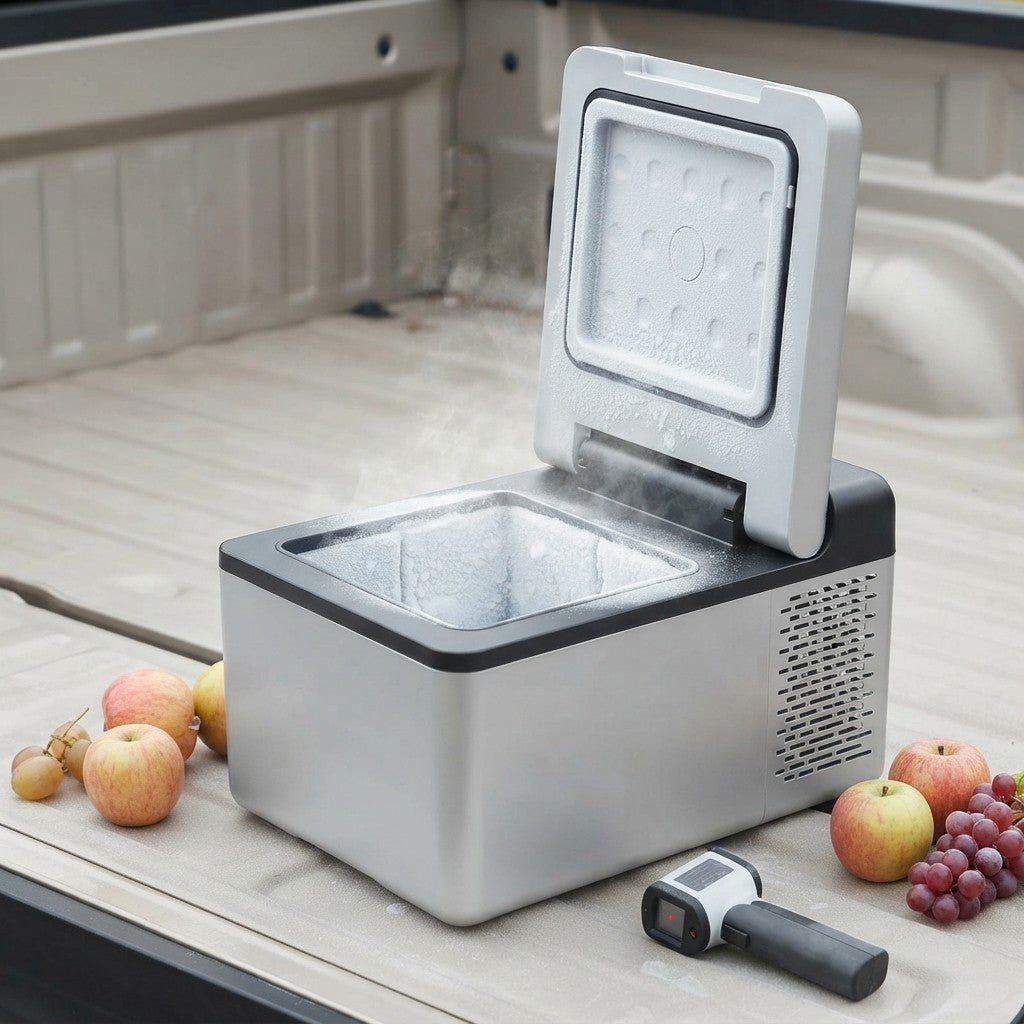 Electric cooler for truck standing empty in a pickup bed