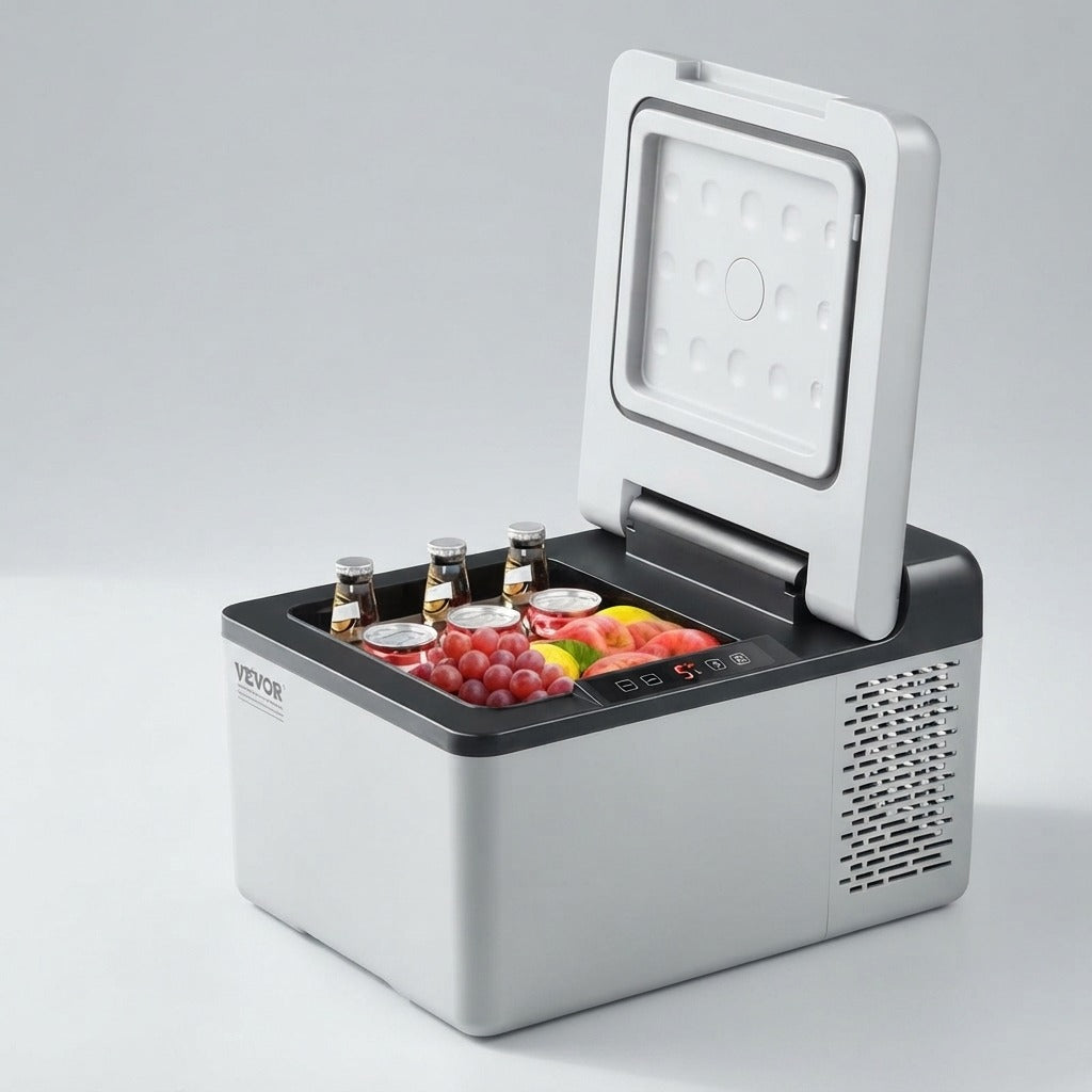 Portable car refrigerator front view showing the digital temperature panel