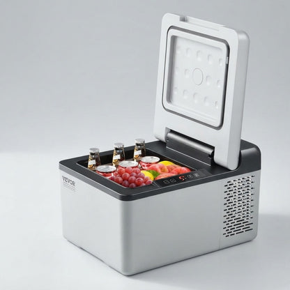 Portable car refrigerator front view showing the digital temperature panel