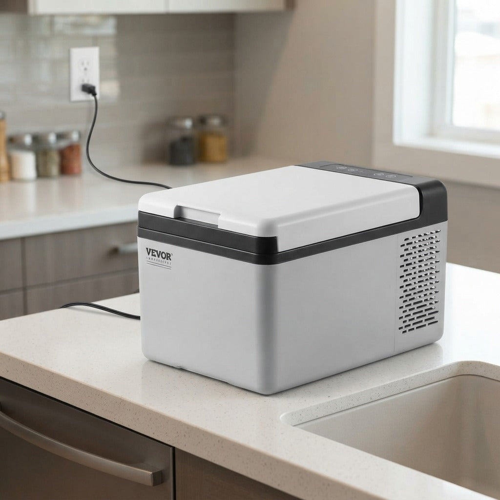 12v car freezer on a kitchen worktop running from the AC adapter