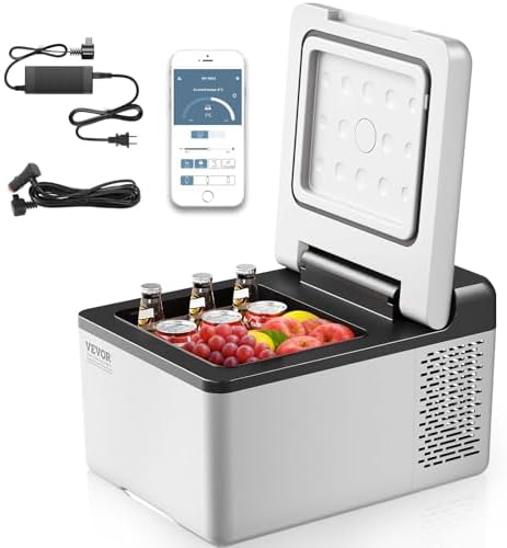 12v car freezer open with drinks and fruit inside, shown with its power adapters