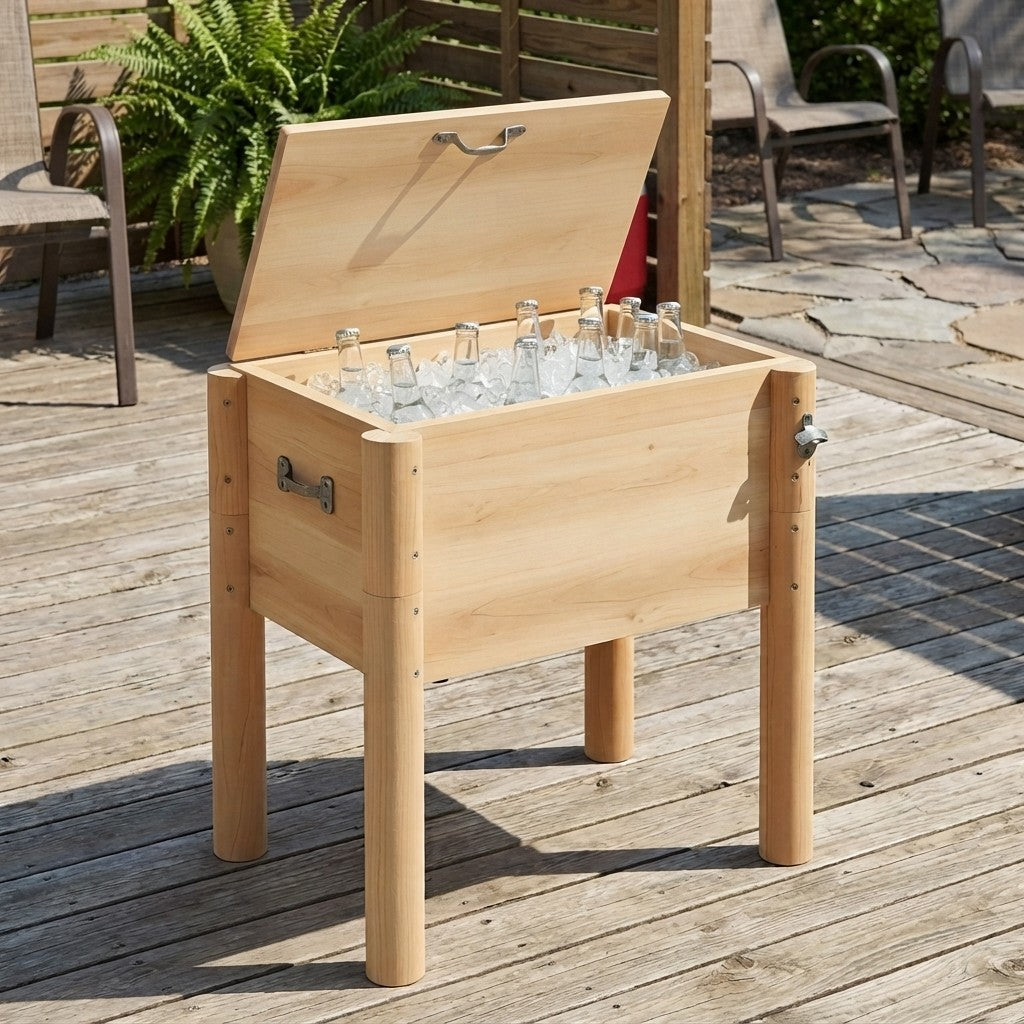 wooden ice chest open on a deck filled with ice and bottles