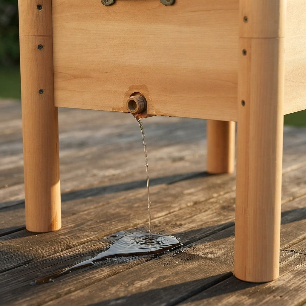 wooden patio cooler drain plug releasing meltwater onto a deck