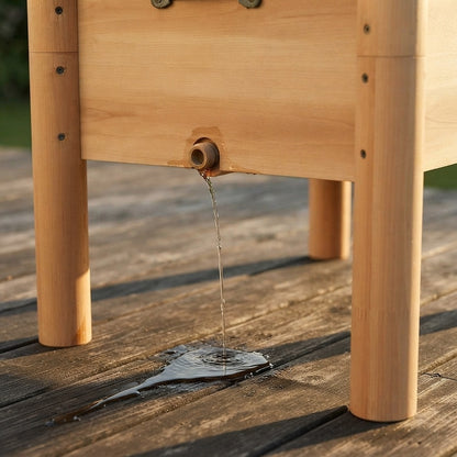 wooden patio cooler drain plug releasing meltwater onto a deck