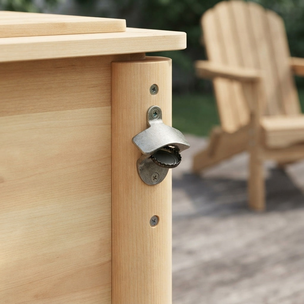 bottle opener bolted to the leg of a wooden ice chest