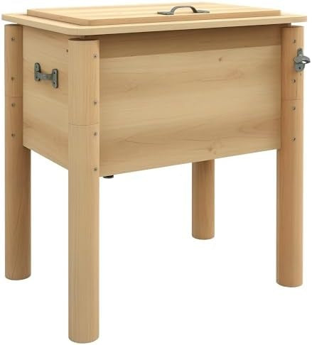 wooden cooler box shown as supplied with lid, handles and legs