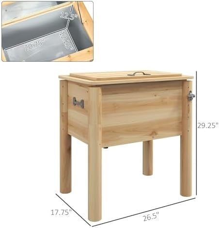 wooden cooler box dimensions diagram, 26.5 by 17.75 by 29.25 inches