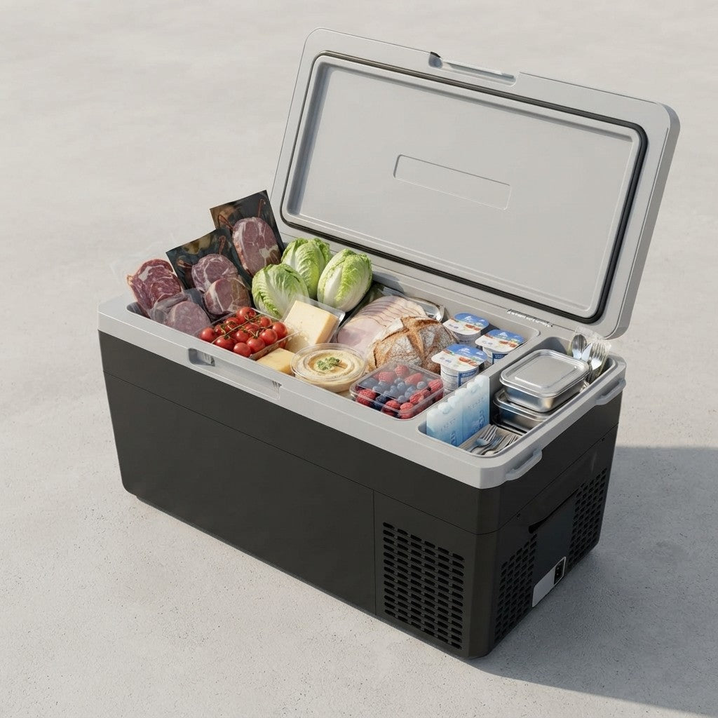 compressor electric cooler freezer loaded with food and drinks