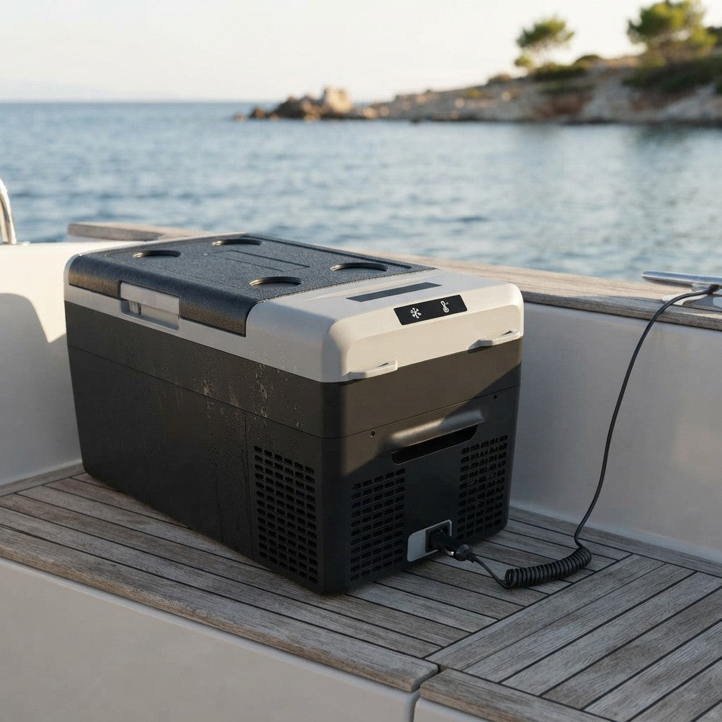 12v portable cooler running on a boat deck by the sea