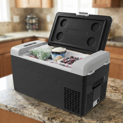 portable cooler box open showing frozen food inside