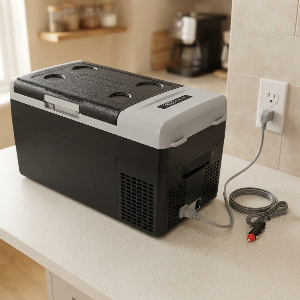 portable ice box running from a wall socket with the car cord beside it