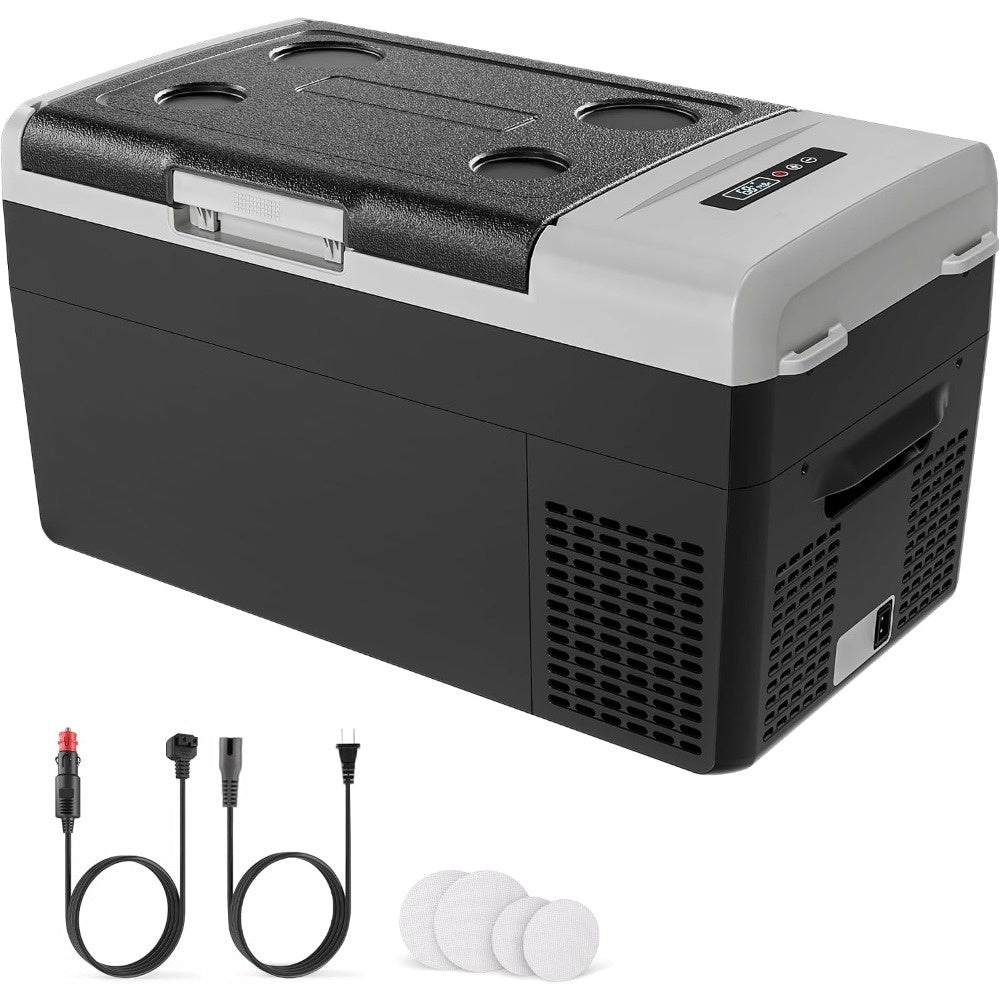 12v portable cooler as supplied with DC and AC cords and cup holders