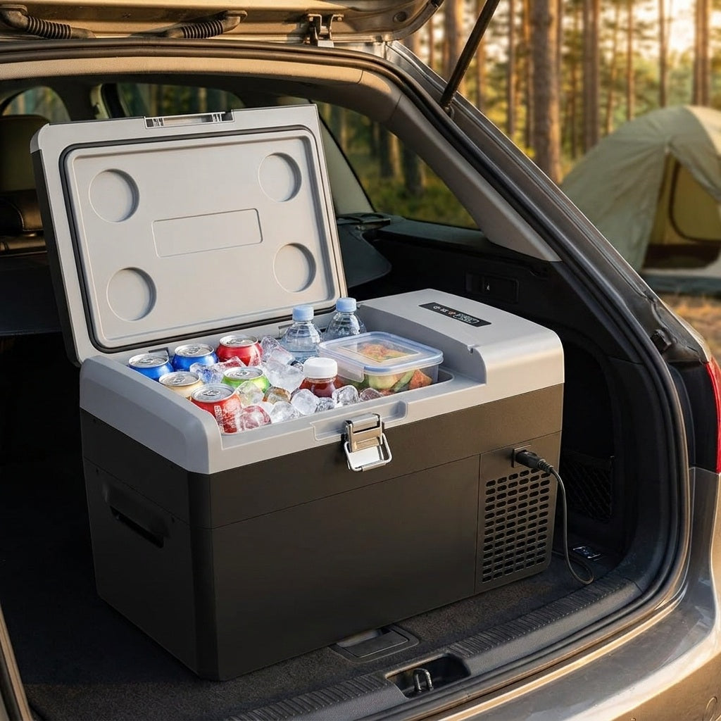 22 quart portable ice box open in a car boot at a campsite