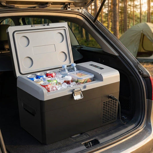 22 quart portable ice box open in a car boot at a campsite