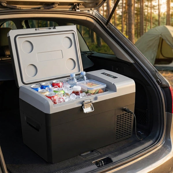 22 quart portable ice box open in a car boot at a campsite