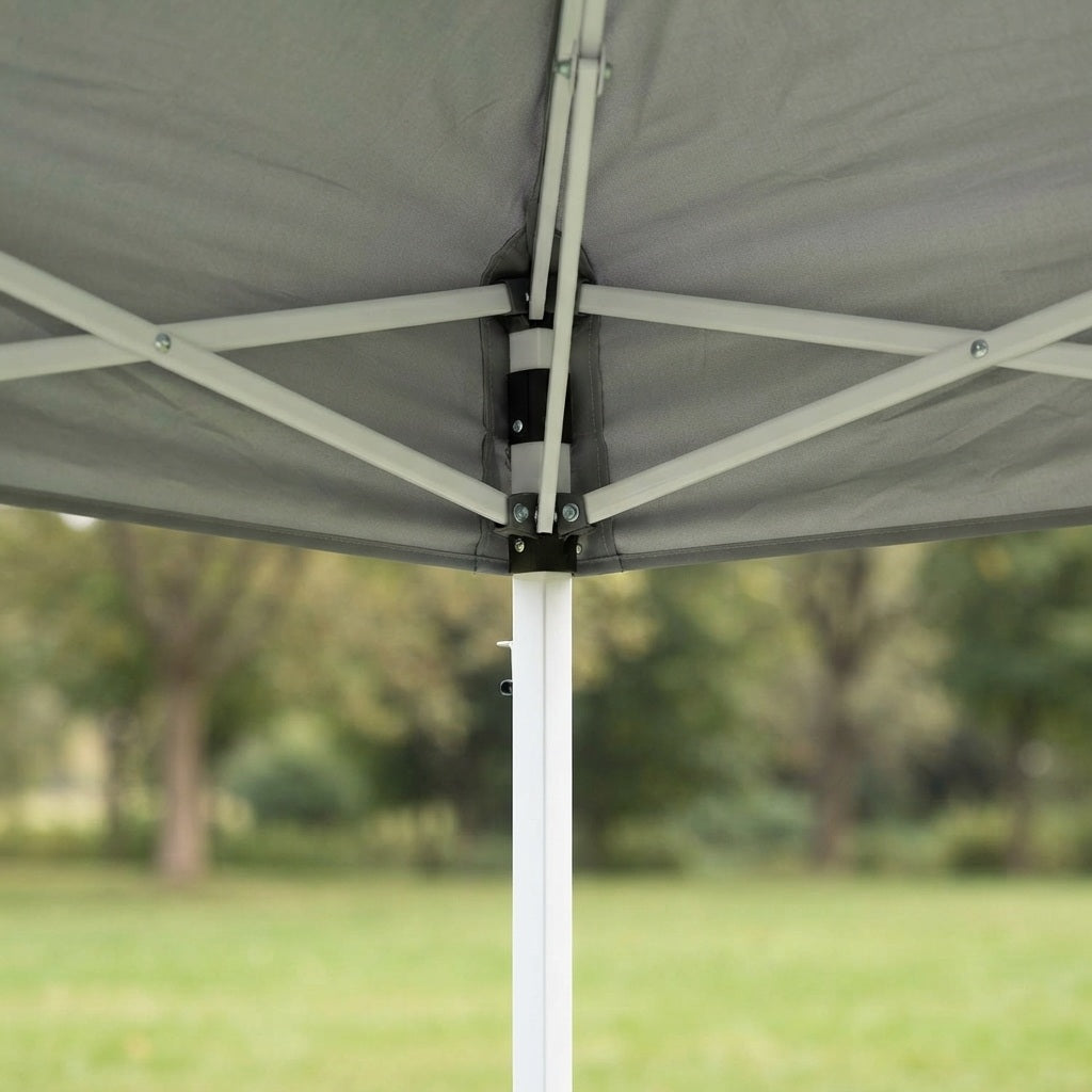 camping canopy tent corner joint showing the bolted steel truss