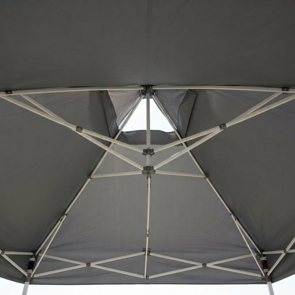 canopy tent peak vent seen from underneath the grey top
