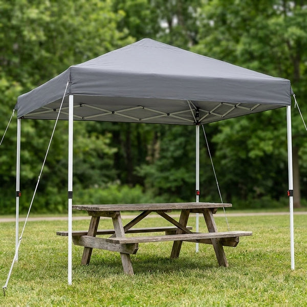 10x10 pop up canopy tent set up over a picnic table on grass