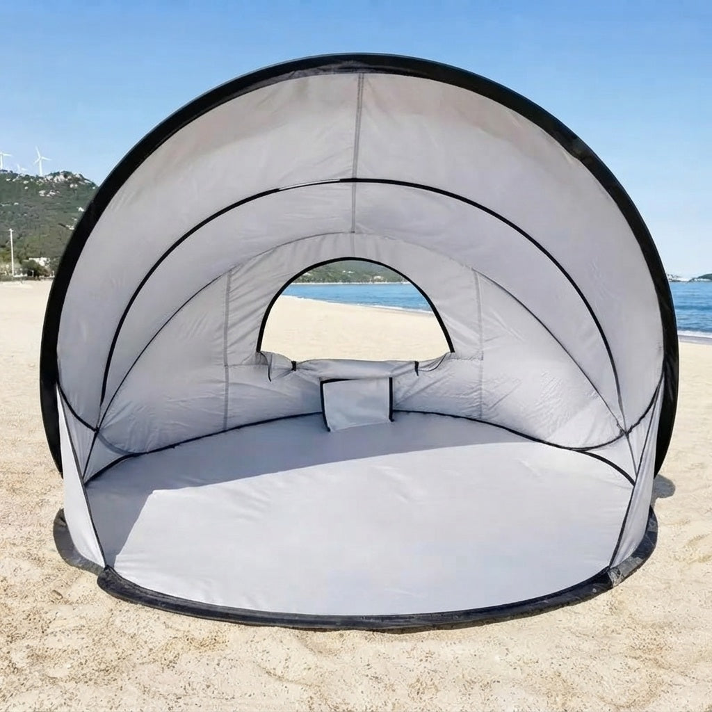 beach shelter front opening with the rear window open for airflow