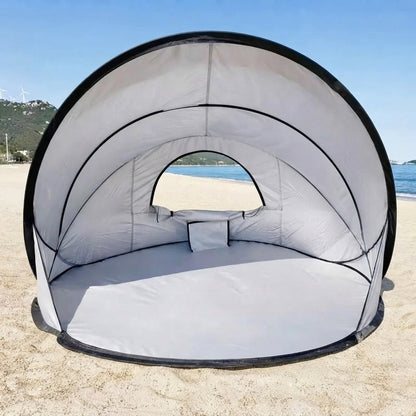 beach shelter front opening with the rear window open for airflow